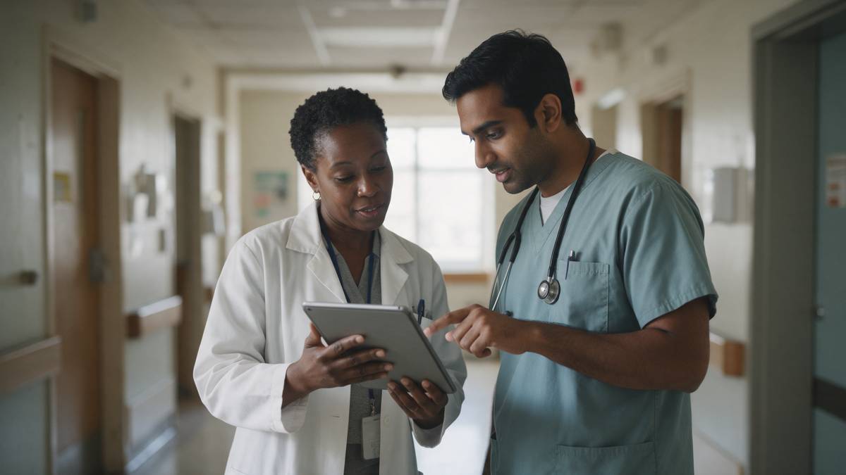 Two clinicians reviewing a tablet in a hospital corridor