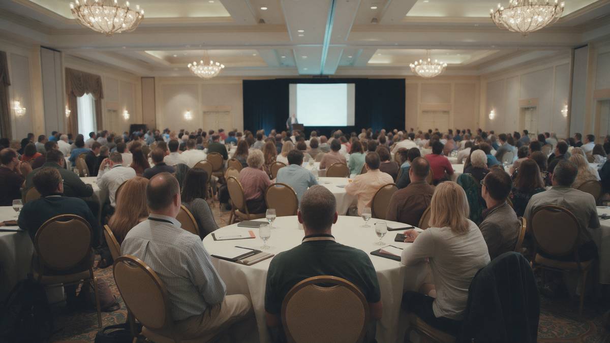 Attendees seated at round tables in a conference ballroom